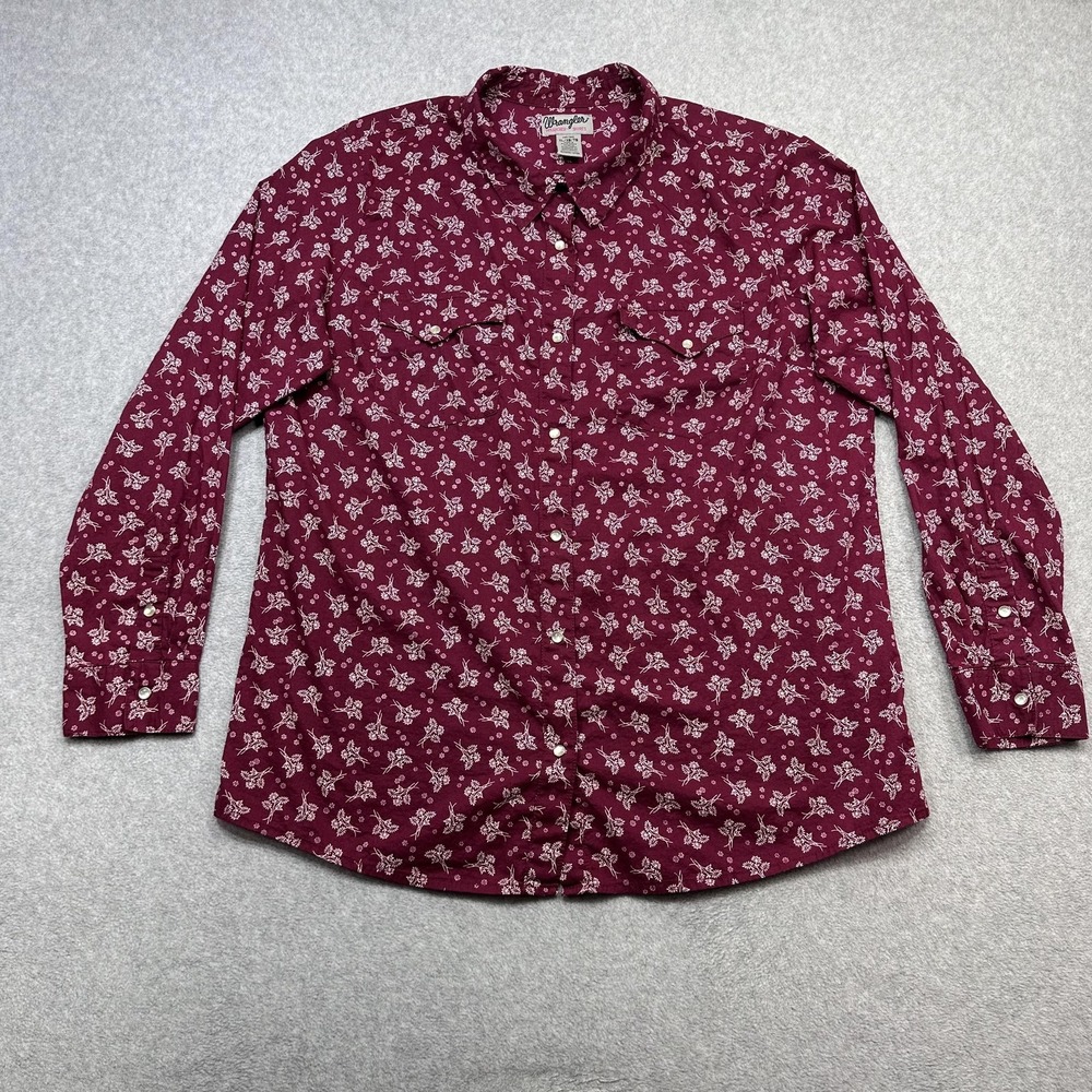 Wrangler Wrancher Top Women XL Red Floral Western Pearl Snap Long Sleeve Work